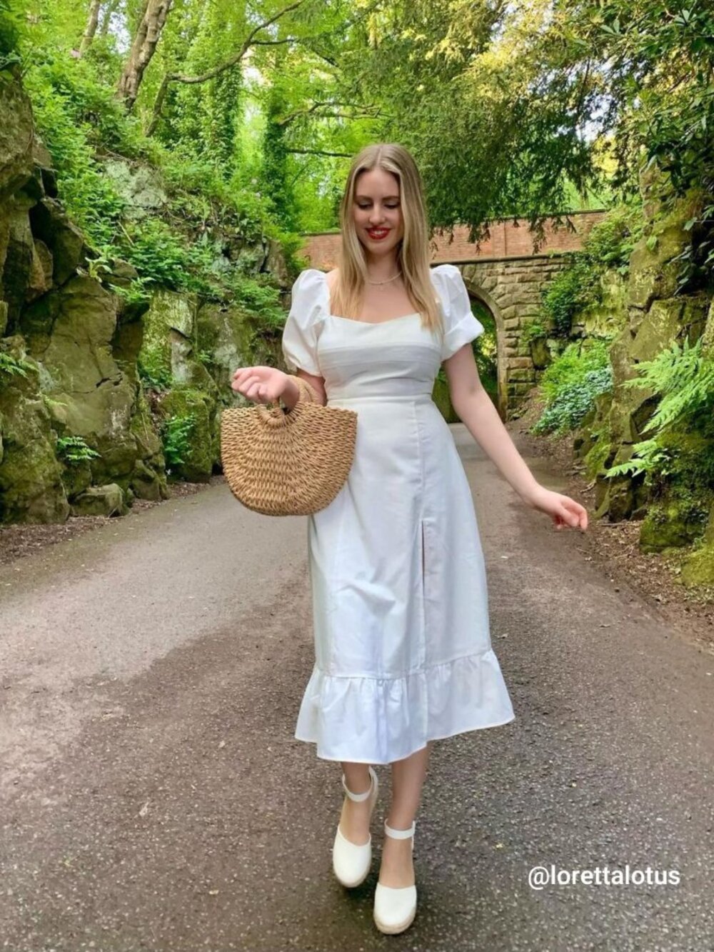 RIHOAS Puff Sleeve Split Hem Midi Dress White S